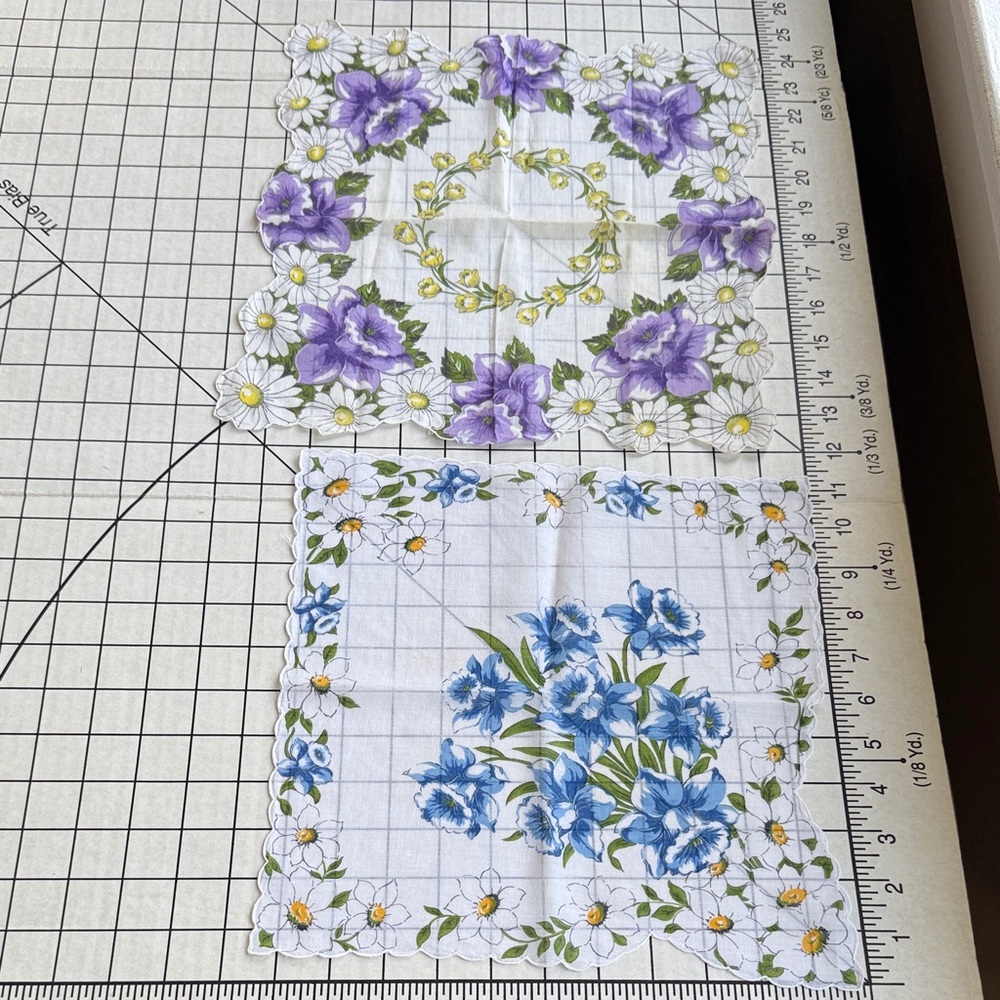 Pair of Vintage 1950s–1960s Cotton Floral Handkerchiefs– Purple/Blue Daisy/Tulip